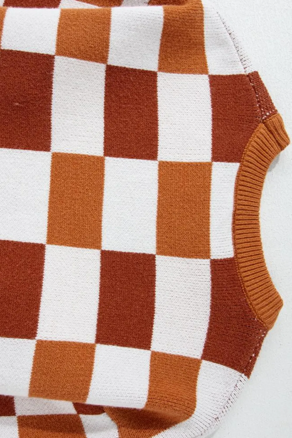 New Dear-Lover Checkered Ribbed Edge O Neck Drop Shoulder Sweater Orange