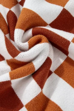 New Dear-Lover Checkered Ribbed Edge O Neck Drop Shoulder Sweater Orange