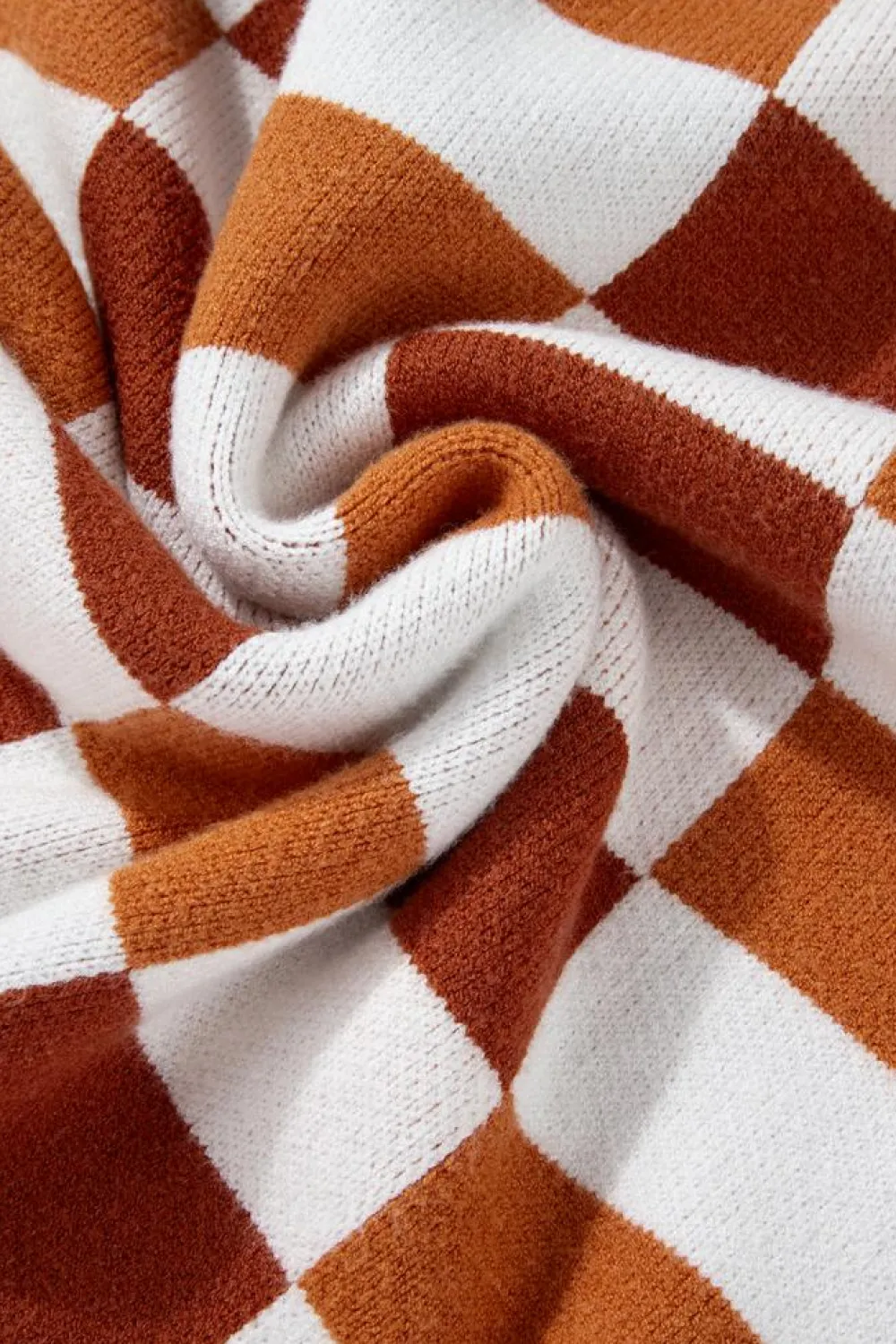 New Dear-Lover Checkered Ribbed Edge O Neck Drop Shoulder Sweater Orange