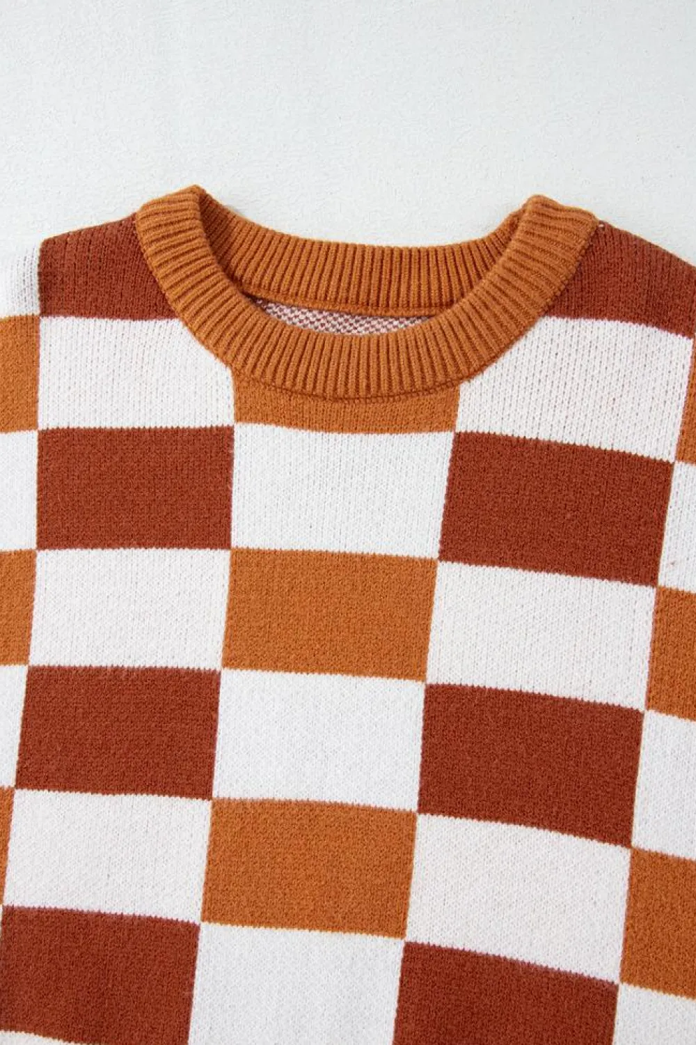 New Dear-Lover Checkered Ribbed Edge O Neck Drop Shoulder Sweater Orange