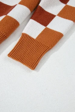 New Dear-Lover Checkered Ribbed Edge O Neck Drop Shoulder Sweater Orange