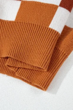 New Dear-Lover Checkered Ribbed Edge O Neck Drop Shoulder Sweater Orange