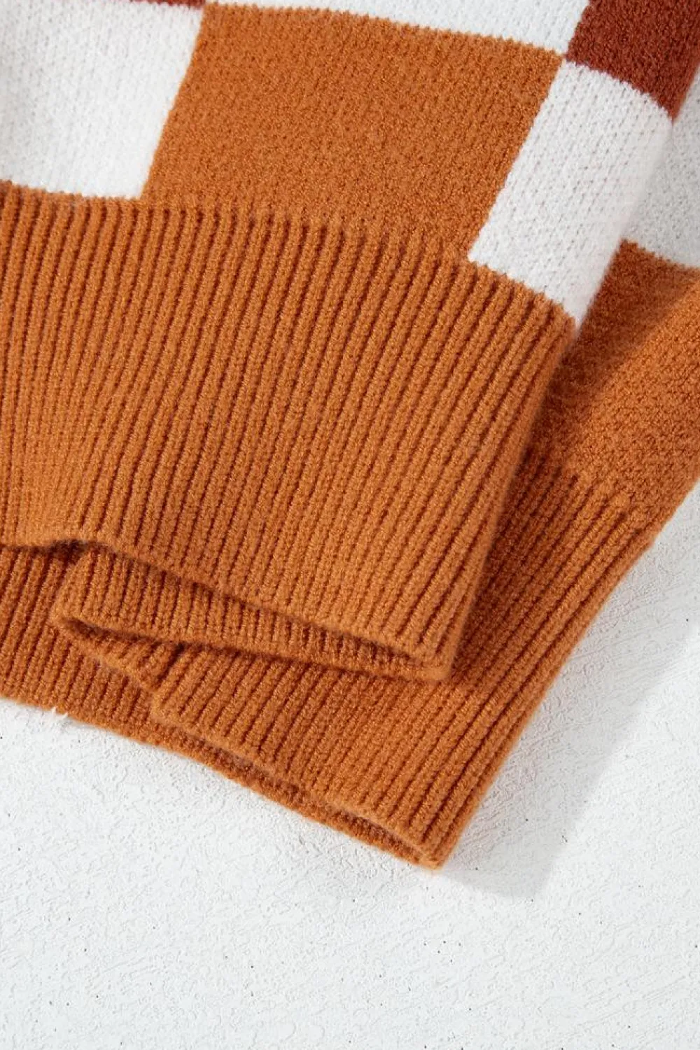 New Dear-Lover Checkered Ribbed Edge O Neck Drop Shoulder Sweater Orange