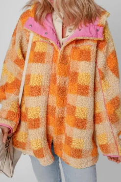 Clearance Dear-Lover Checkered Sherpa Hooded Jacket Orange