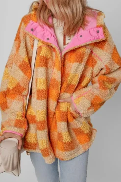 Clearance Dear-Lover Checkered Sherpa Hooded Jacket Orange