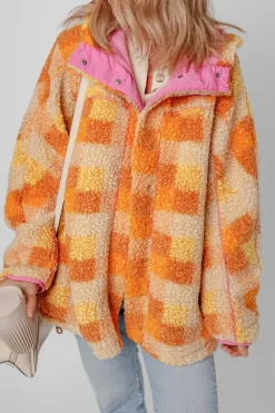 Clearance Dear-Lover Checkered Sherpa Hooded Jacket Orange