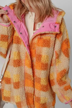 Clearance Dear-Lover Checkered Sherpa Hooded Jacket Orange