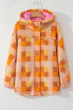 Clearance Dear-Lover Checkered Sherpa Hooded Jacket Orange