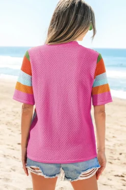 Clearance Dear-Lover Color Block Eyelet Casual Sweater T Shirt Orange