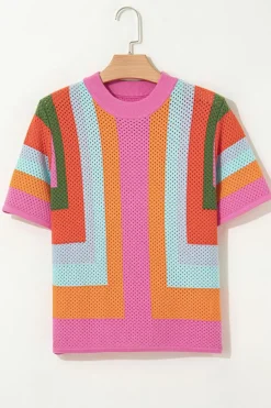 Clearance Dear-Lover Color Block Eyelet Casual Sweater T Shirt Orange