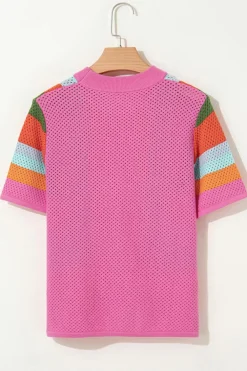 Clearance Dear-Lover Color Block Eyelet Casual Sweater T Shirt Orange