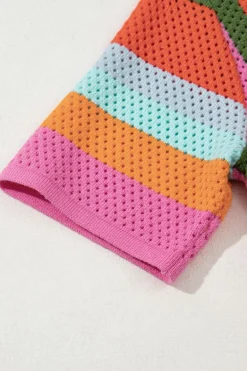 Clearance Dear-Lover Color Block Eyelet Casual Sweater T Shirt Orange