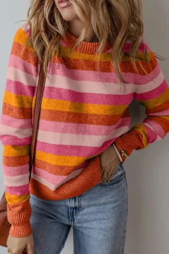 Hot Dear-Lover Color Block Ribbed Edge Round Neck Sweater Orange