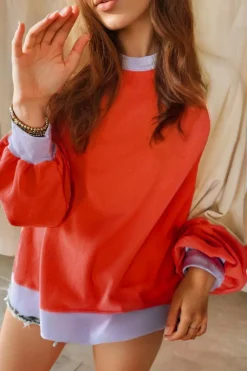 Fashion Dear-Lover Color Block Side Slits Raglan Sleeve Loose Fit Top Orange