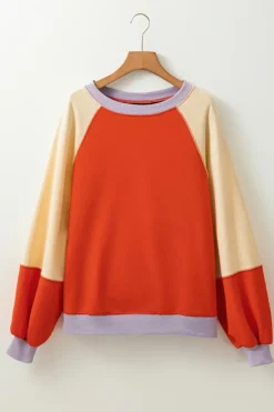 Fashion Dear-Lover Color Block Side Slits Raglan Sleeve Loose Fit Top Orange