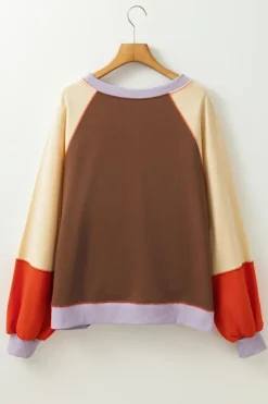 Fashion Dear-Lover Color Block Side Slits Raglan Sleeve Loose Fit Top Orange