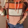 Discount Dear-Lover Color Block Waffle Knit Drawstring Mock Neck Sweater Orange