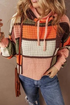 Discount Dear-Lover Color Block Waffle Knit Drawstring Mock Neck Sweater Orange