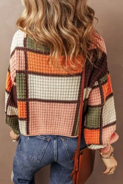 Discount Dear-Lover Color Block Waffle Knit Drawstring Mock Neck Sweater Orange