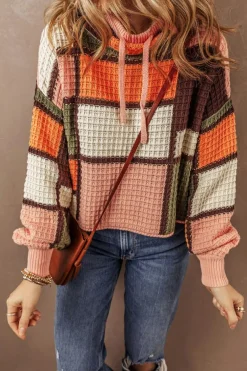 Discount Dear-Lover Color Block Waffle Knit Drawstring Mock Neck Sweater Orange