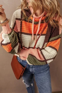 Discount Dear-Lover Color Block Waffle Knit Drawstring Mock Neck Sweater Orange