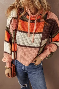 Discount Dear-Lover Color Block Waffle Knit Drawstring Mock Neck Sweater Orange