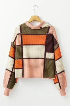 Discount Dear-Lover Color Block Waffle Knit Drawstring Mock Neck Sweater Orange