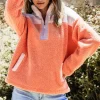 Online Dear-Lover Colorblock Half Zipper Stand Neck Sherpa Sweatshirt Orange