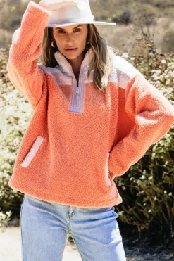 Online Dear-Lover Colorblock Half Zipper Stand Neck Sherpa Sweatshirt Orange