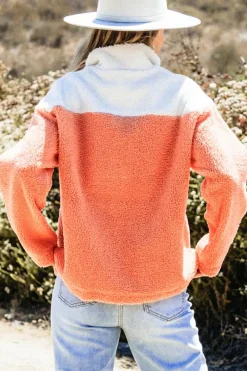 Online Dear-Lover Colorblock Half Zipper Stand Neck Sherpa Sweatshirt Orange