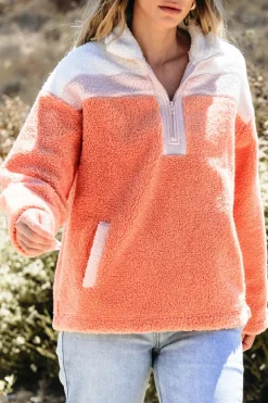Online Dear-Lover Colorblock Half Zipper Stand Neck Sherpa Sweatshirt Orange