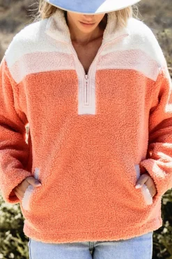 Online Dear-Lover Colorblock Half Zipper Stand Neck Sherpa Sweatshirt Orange