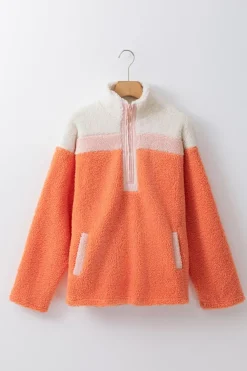Online Dear-Lover Colorblock Half Zipper Stand Neck Sherpa Sweatshirt Orange