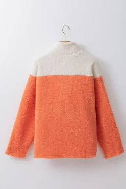 Online Dear-Lover Colorblock Half Zipper Stand Neck Sherpa Sweatshirt Orange