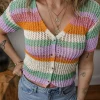 Fashion Dear-Lover Colorblock Striped Pointelle Knit V Neck Buttoned Crop Short Sleeve Sweater Orange