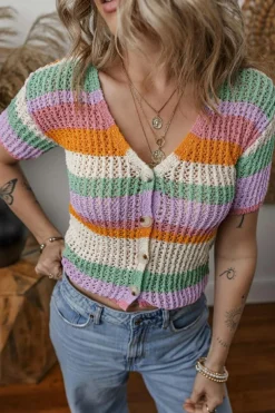 Fashion Dear-Lover Colorblock Striped Pointelle Knit V Neck Buttoned Crop Short Sleeve Sweater Orange