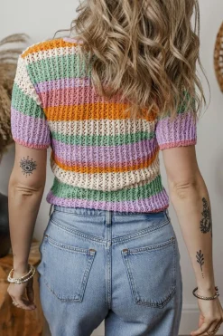Fashion Dear-Lover Colorblock Striped Pointelle Knit V Neck Buttoned Crop Short Sleeve Sweater Orange