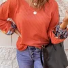 Fashion Dear-Lover Contrast Eyelet Thermal Knit Top Orange
