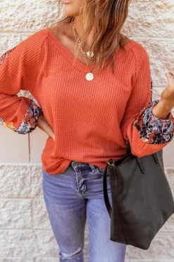 Fashion Dear-Lover Contrast Eyelet Thermal Knit Top Orange