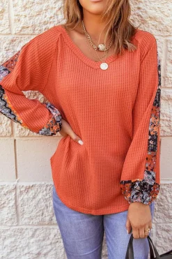 Fashion Dear-Lover Contrast Eyelet Thermal Knit Top Orange