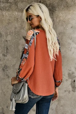 Fashion Dear-Lover Contrast Eyelet Thermal Knit Top Orange