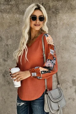 Fashion Dear-Lover Contrast Eyelet Thermal Knit Top Orange