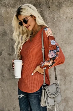 Fashion Dear-Lover Contrast Eyelet Thermal Knit Top Orange