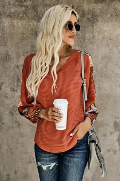 Fashion Dear-Lover Contrast Eyelet Thermal Knit Top Orange