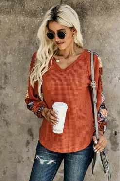 Fashion Dear-Lover Contrast Eyelet Thermal Knit Top Orange