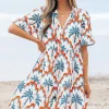 Clearance Dear-Lover Contrast Palm Tree Printed Short Sleeve Flowy Dress Orange