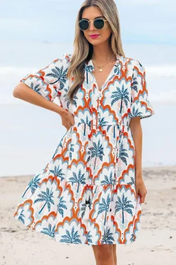 Clearance Dear-Lover Contrast Palm Tree Printed Short Sleeve Flowy Dress Orange