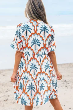 Clearance Dear-Lover Contrast Palm Tree Printed Short Sleeve Flowy Dress Orange
