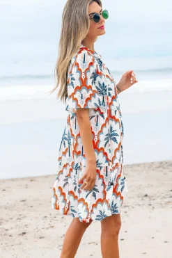 Clearance Dear-Lover Contrast Palm Tree Printed Short Sleeve Flowy Dress Orange