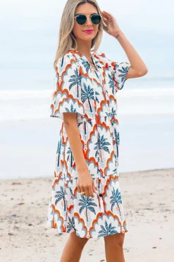 Clearance Dear-Lover Contrast Palm Tree Printed Short Sleeve Flowy Dress Orange